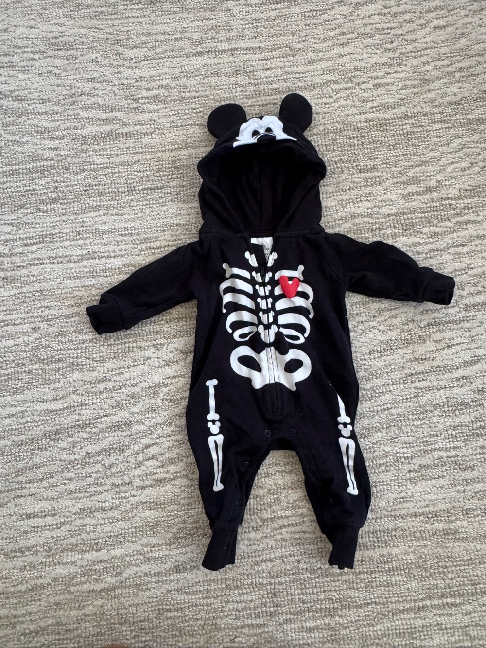 Mickey Mouse Black Skeleton Hooded One-Piece with Red Heart - Baby